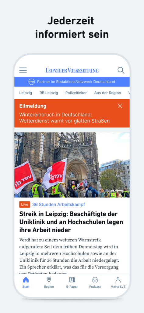 The LVZ news app interface displaying local news and podcasts from Leipzig