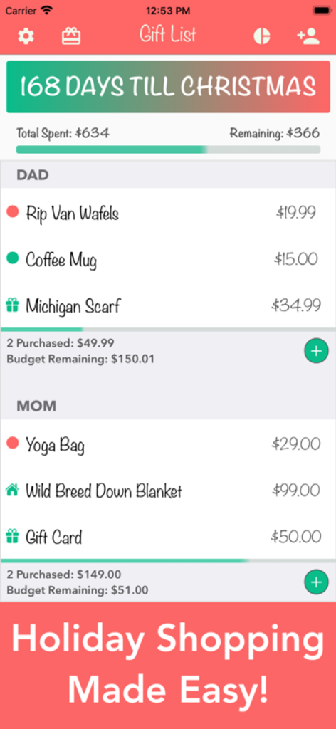 Interface of the Christmas Gift List Tracker app showing a holiday countdown and budget tracking for family gift lists