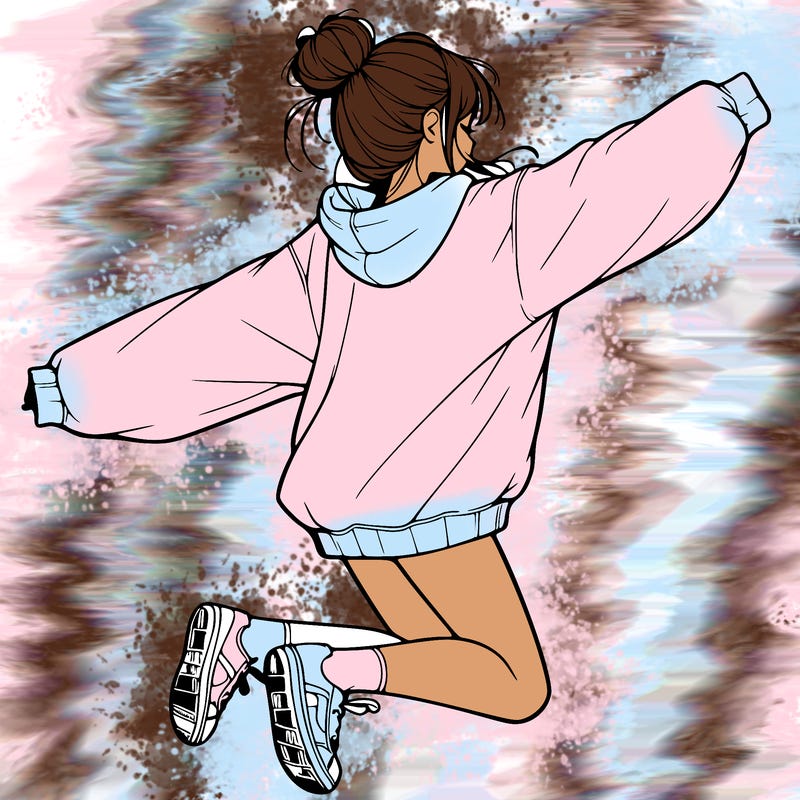 realistic girl jumping with a bun and oversized sweatshirt