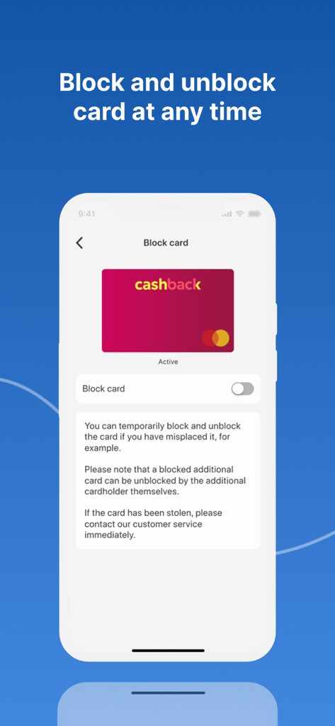 Interface of the Swisscard app showing a red credit card and a toggle switch to block or unblock the card.