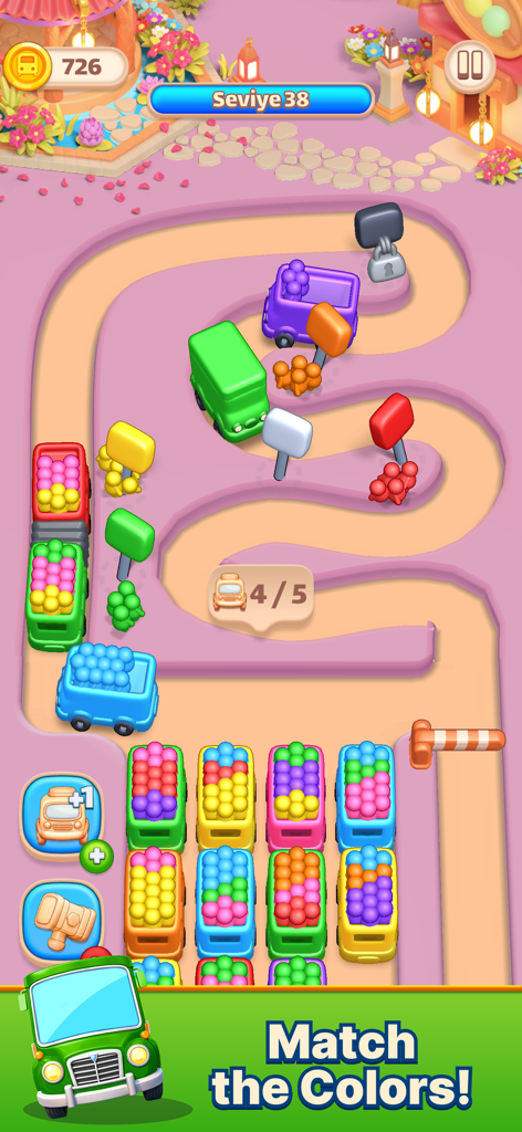 Color Bus Trip - 컬러 버스 트립 퍼즐 게임의 게임 플레이 스크린샷으로, 색상 코드가 있는 버스와 역에서 일치시키기를 기다리는 승객들이 표시됩니다.