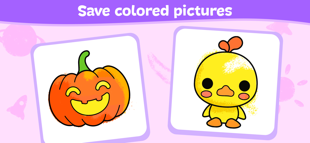 Gallery screen in the Coloring Book app showing a saved pumpkin and chick drawing