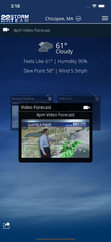 WWLP Weather - WWLP Weather app interface featuring a 22News StormTeam video forecast for Chicopee Massachusetts