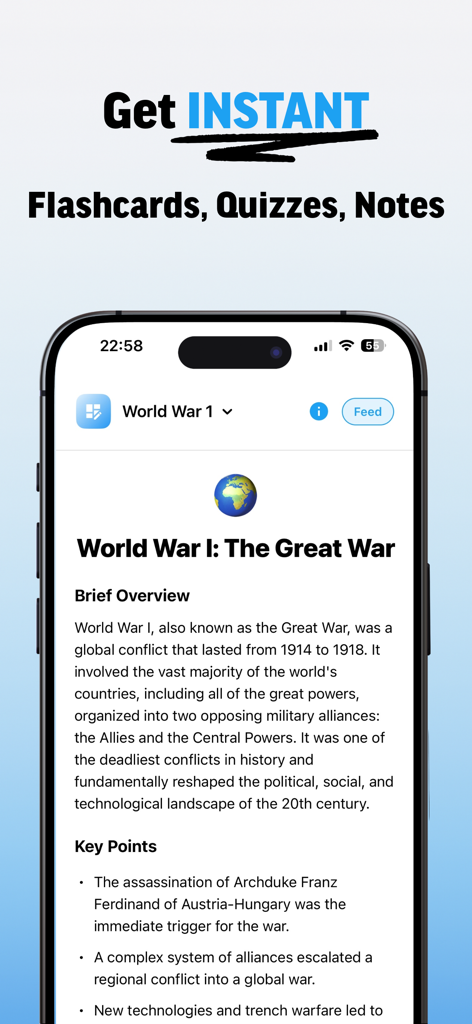 ScrollToStudy app interface displaying instant study notes and flashcards for World War I