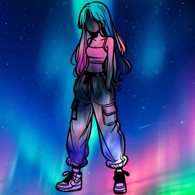 girl in baggy pants crop top and long hair