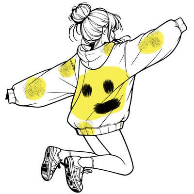 realistic girl jumping with a bun and oversized sweatshirt