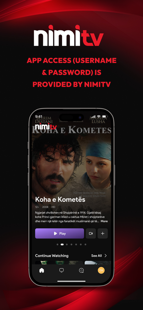 Smartphone displaying the NimiTV app interface with the movie Koha e Kometes and a play button