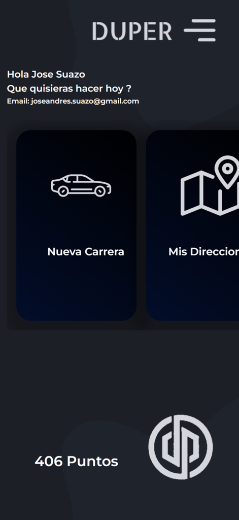 Duper VIP - Pantalla principal de la aplicación móvil Duper VIP con un botón para solicitar un nuevo viaje y la visualización de puntos de recompensa