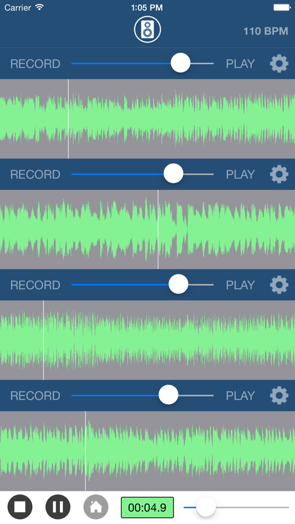 Multi Track Song Recorder Pro - Interface of the Multi Track Song Recorder Pro app showing four audio tracks with green waveforms and recording controls