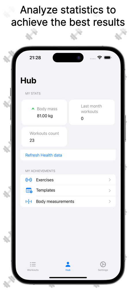 Workouts Gym Diary - Workouts Gym Diary Hub screen displaying body mass workout counts and training statistics