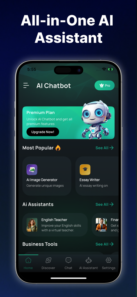 Chat AI Chatbot Ask Anything - Screenshot of the Info Bank app interface featuring various AI assistants like image generator and essay writer