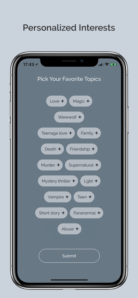 A mobile phone screen from the Inkitt app showing a list of book topics like werewolf magic and romance for user personalization