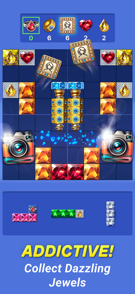 Jewelscape: Block Puzzle Game - Jugabilidad de Jewelscape mostrando una cuadrícula de puzles con gemas resplandecientes y objetos coleccionables.