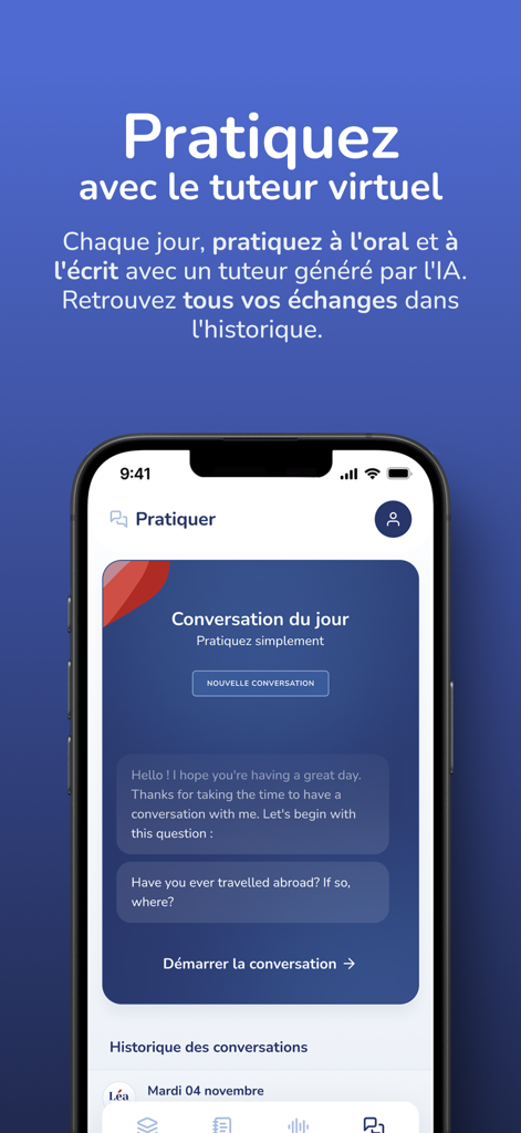 Léa English - Oberfläche der Lea English App, die eine Konversation mit einem KI-virtuellen Tutor zum Üben von Englisch zeigt