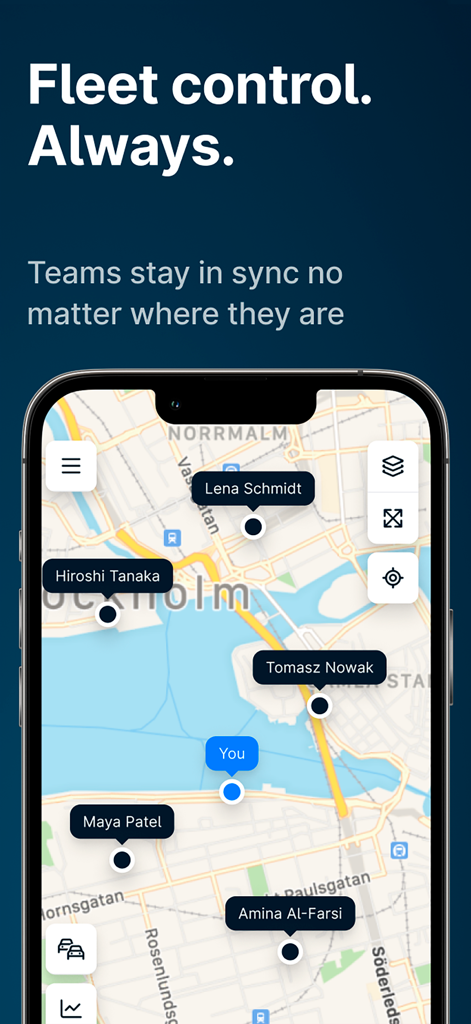 Echtzeit-Flottenverfolgungs-Karte mit Standorten von Teammitgliedern auf einer mobilen Benutzeroberfläche