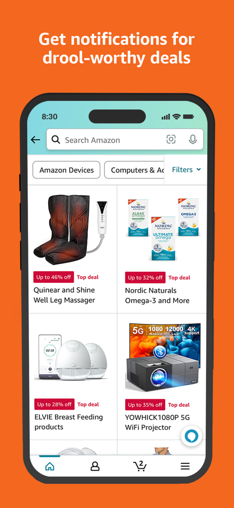 Amazon Shopping app screenshot showing top deals on products like a leg massager and projector with notification message