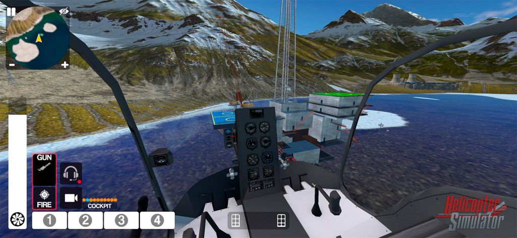 Helicopter Simulator 2026 - First person cockpit view of Helicopter Simulator 2026 showing flight instruments and an oil rig