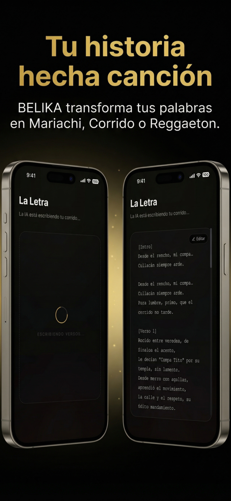 Interface de l'application Belika montrant l'IA générant des paroles de chanson personnalisées de musique régionale mexicaine à partir d'une histoire