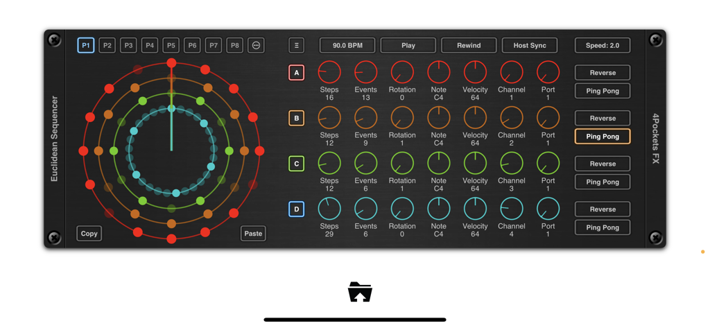 Euclidean AUv3 Sequencer - Interfaz principal de la aplicación Euclidean AUv3 Sequencer mostrando cuatro anillos de ritmo circulares codificados por colores y perillas de control MIDI