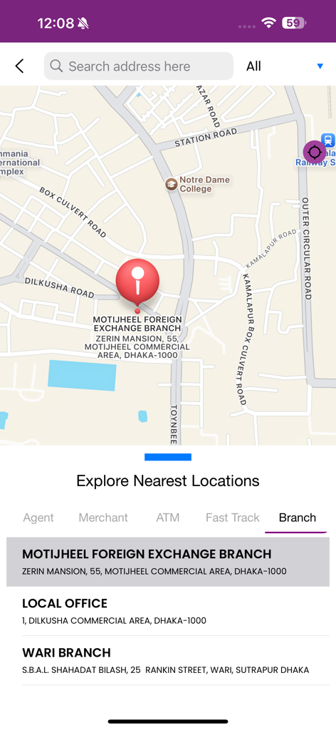 A map interface in the DBBL Rocket app showing the locations of nearby bank branches and offices in Dhaka