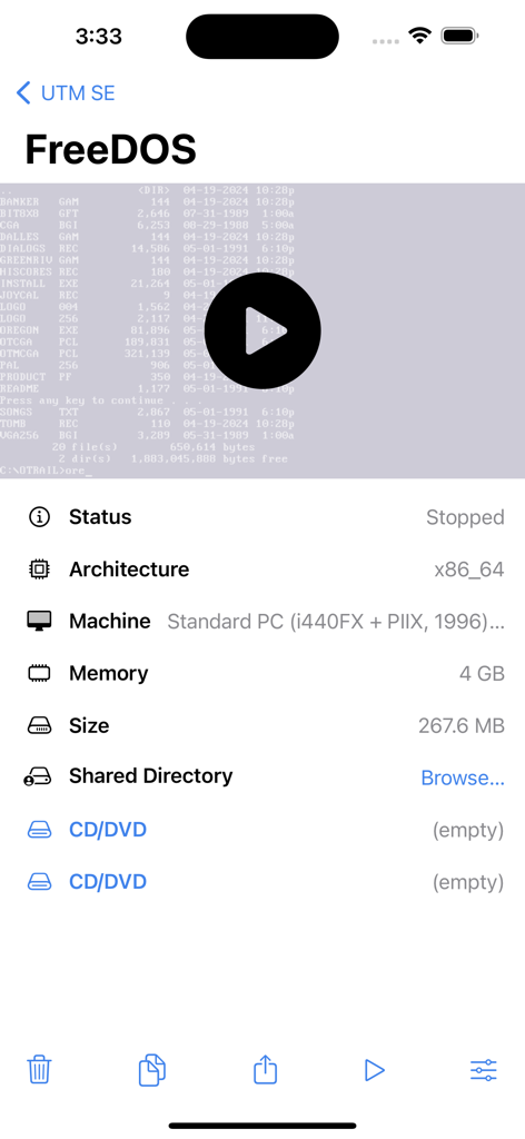 The UTM SE app interface displaying configuration details for a FreeDOS virtual machine