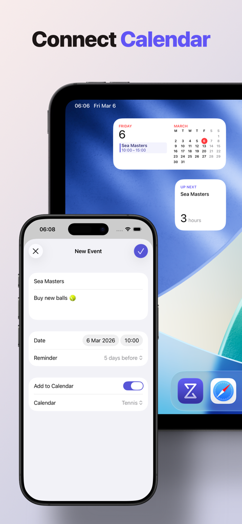 Waitee - Waitee app interface showing calendar integration and countdown widgets on iPhone and iPad