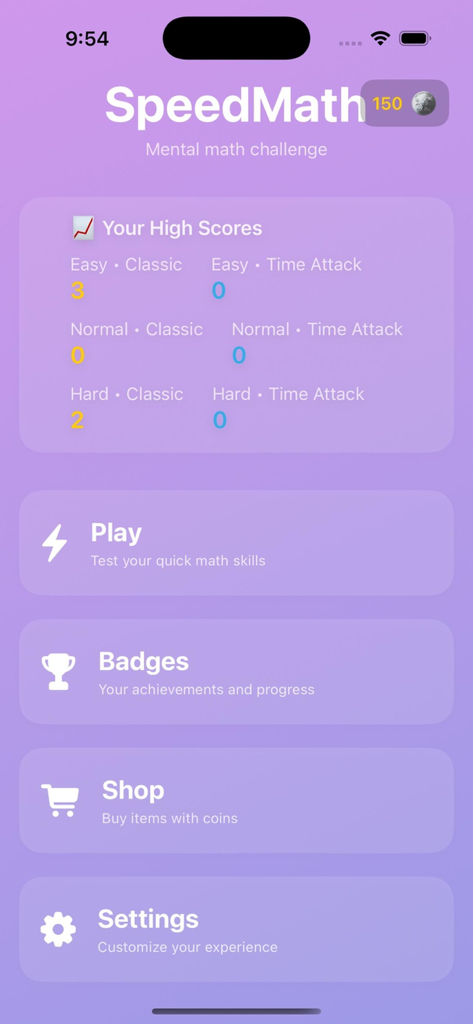 Math Rush: Brain Workout - Main menu of the Math Rush brain workout app showing high scores and navigation buttons
