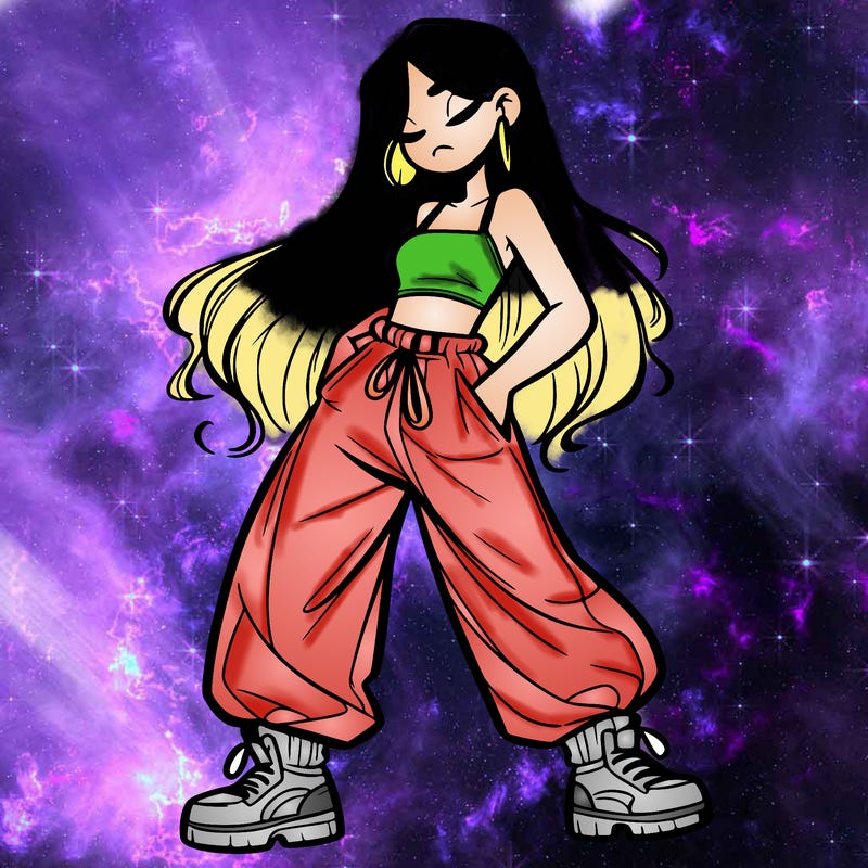 girl in baggy pants crop top and long hair