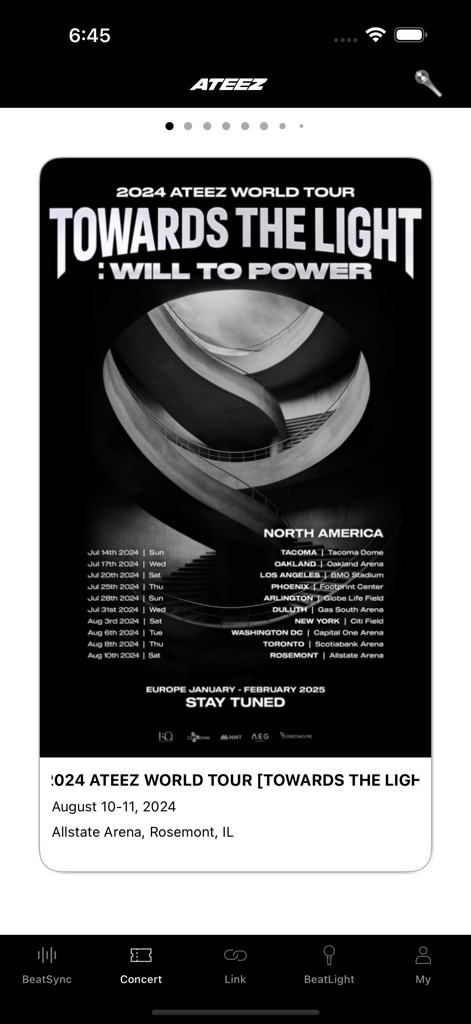 ATEEZ LIGHTINY - ATEEZ LIGHTINY app showing the 2024 world tour schedule for North America