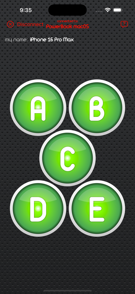 Buzzer - A digital game buzzer screen with five green buttons labeled A through E