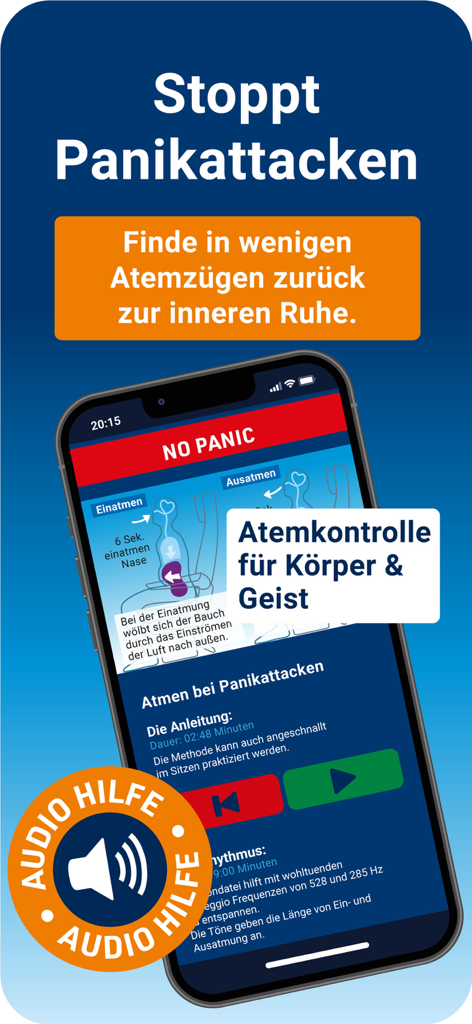 PassengerGuard: Flugangst - Captura de pantalla de la aplicación PassengerGuard que muestra un ejercicio de respiración guiada para ataques de pánico con instrucciones para el control de la respiración
