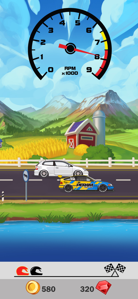 P2R Power Rev Racing - Two JDM cars drag racing on a rural road with a large RPM gauge at the top of the screen