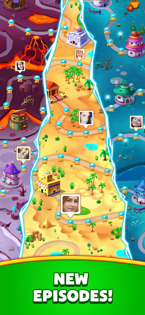 Jewel Legend - Pantalla del mapa de niveles de Jewel Legend que muestra nuevos episodios y el progreso del jugador a través de diferentes zonas temáticas