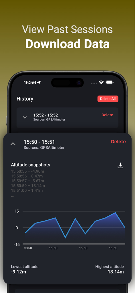 Altitude Finder: GPS Altimeter - Altitude history screen showing an elevation graph and a list of past recorded hiking sessions with options to download data.
