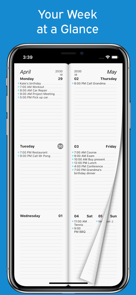 Week Agenda Ultimate - iPhone display showing the Week Agenda Ultimate app with a weekly planner layout and scheduled appointments.