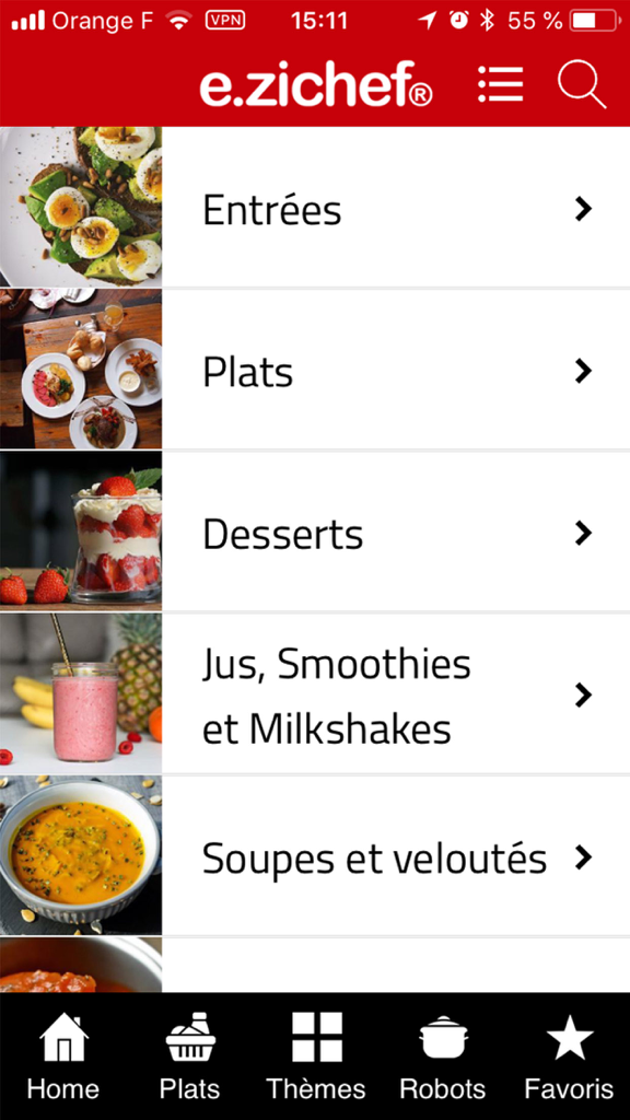 e.zichef - Écran d'accueil de l'application e.zichef montrant des catégories de recettes comme entrées, plats principaux et desserts