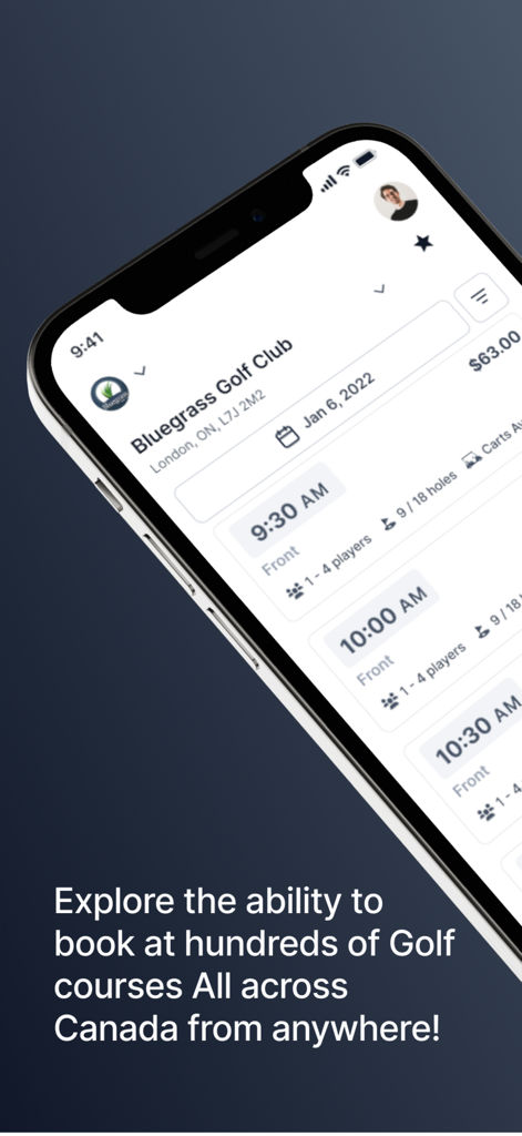 Tee On mobile app screen showing golf course tee time availability and booking options.