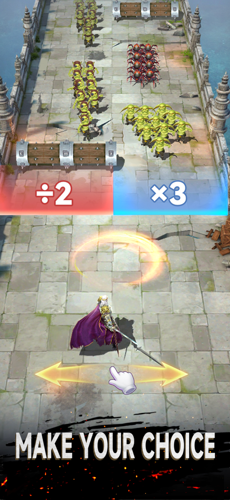 Last Land: War of Survival - A warrior choosing between multiply and divide gates on a bridge to fight monsters.