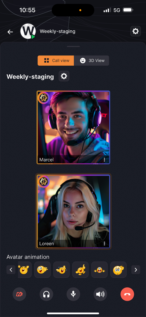 Sonix app video call screen showing two gamers in a crew chat with avatar animations