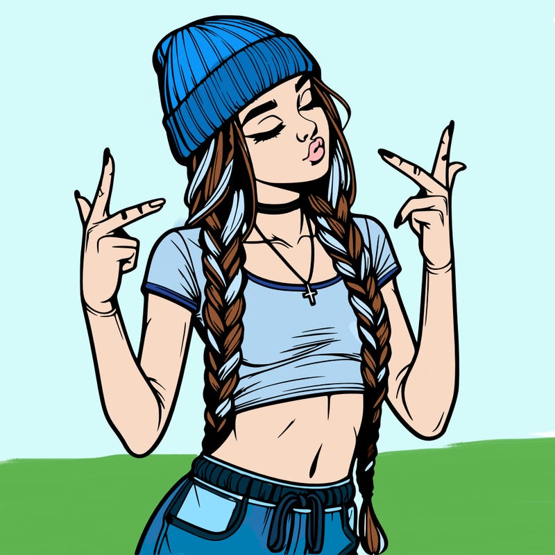 realistic teenage girl with braids and a beanie and crop top doing 🫶🏼