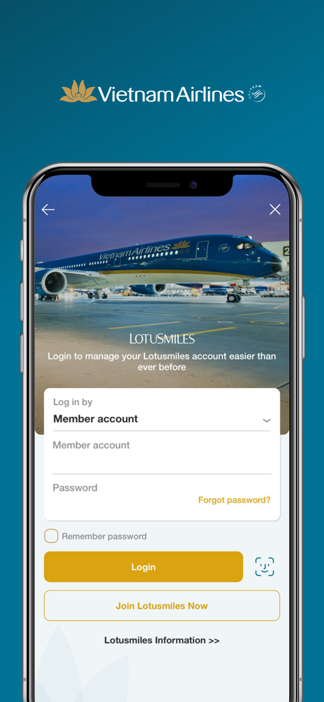 Pantalla de inicio de sesión para miembros de Lotusmiles en la aplicación móvil Vietnam Airlines