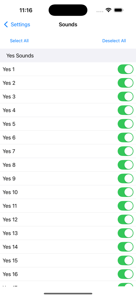 Yes / No Button - Écran de sélection des sons de l'application Bouton Oui Non montrant une liste de sons Oui avec des interrupteurs verts.