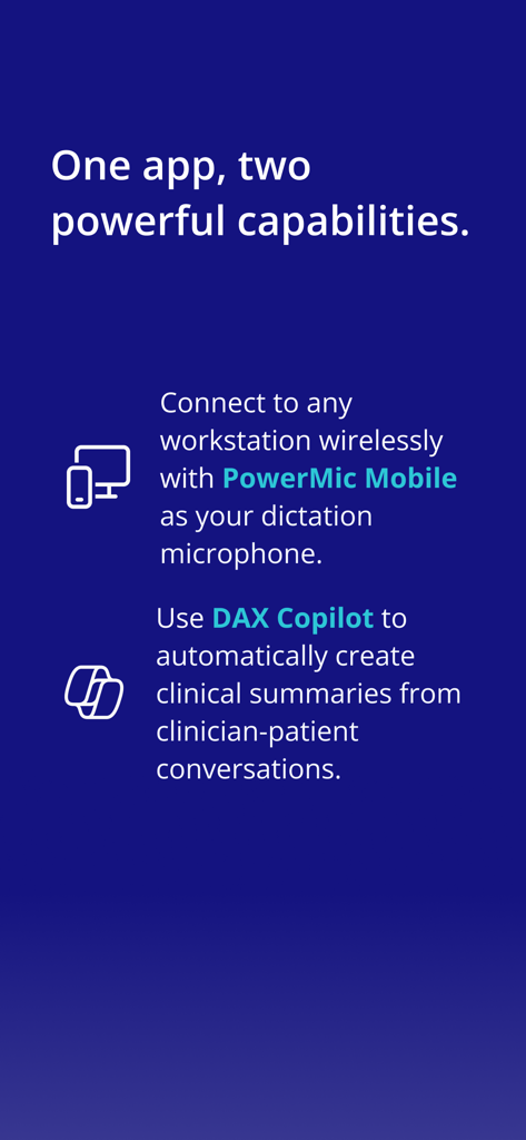 PowerMic Mobile app screen showcasing wireless dictation and DAX Copilot clinical summaries