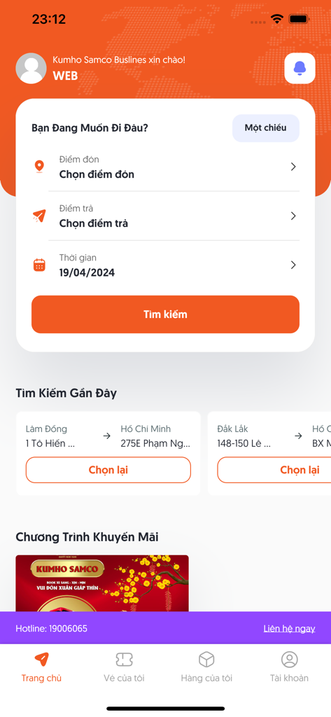 Kumho Samco Buslines - Écran d'accueil de l'application Kumho Samco Buslines pour la réservation de billets de bus au Vietnam