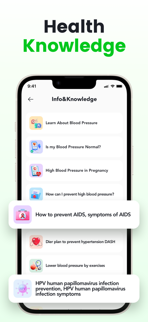 Daily Health-BMI & BP Tracker - Info and knowledge screen of Daily Health app displaying articles on blood pressure management and health prevention