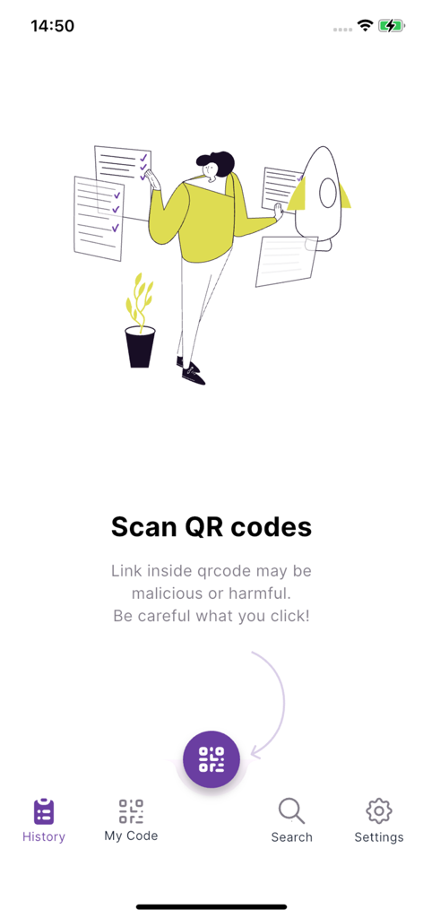 QRCode Scanner T - Home interface of the QRCode Scanner T app showing the scan QR codes feature and bottom navigation menu