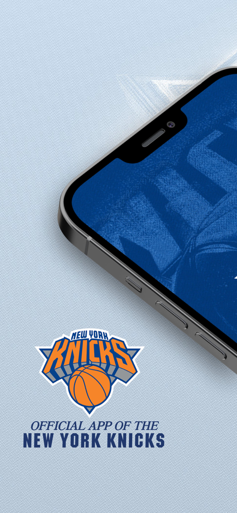 New York Knicks Official App - The New York Knicks official app branding featuring the team logo and a smartphone display.