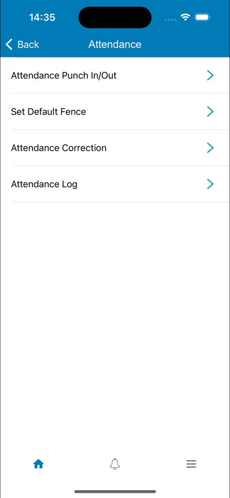 Decibel HRMS - Attendance menu in Decibel HRMS app showing options for punch in out and attendance log