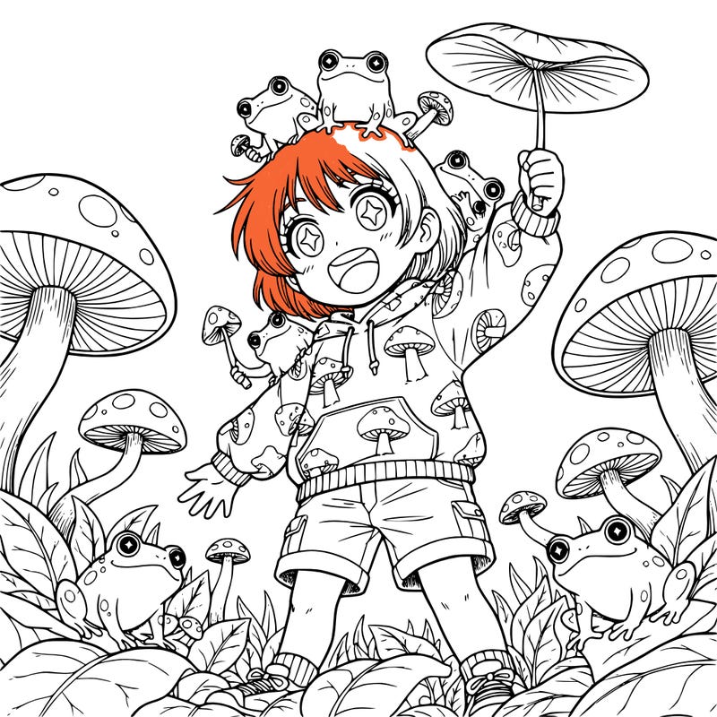 a girl with short hair and mushrooms and frogs lea