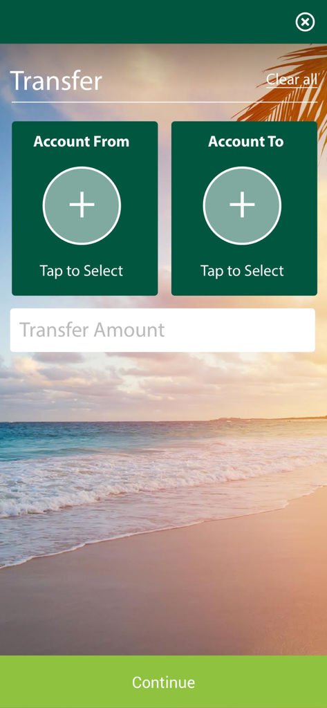 Transfer funds screen of the SKNANB MoBanking app with a tropical beach background